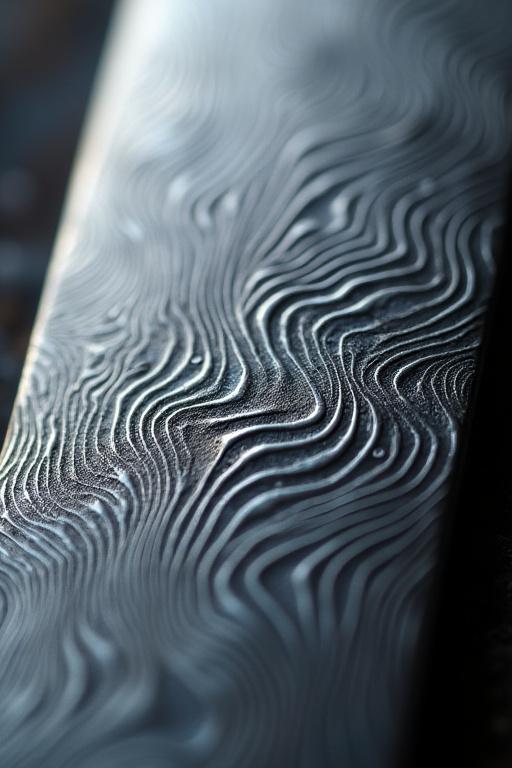 Extrem närbild på det vågiga mönstret i ett damaskusstålblad.