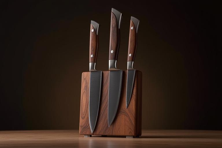 Ett set med tre matchande köksknivar på ett magnetiskt träblock.