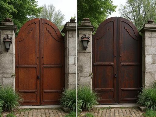 En rostig, antik grind före och efter noggrann restaurering.